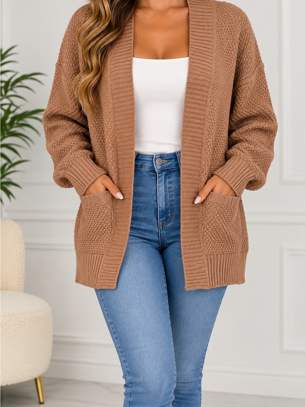 Cozy Open-Front Cardigan in Camel Brown